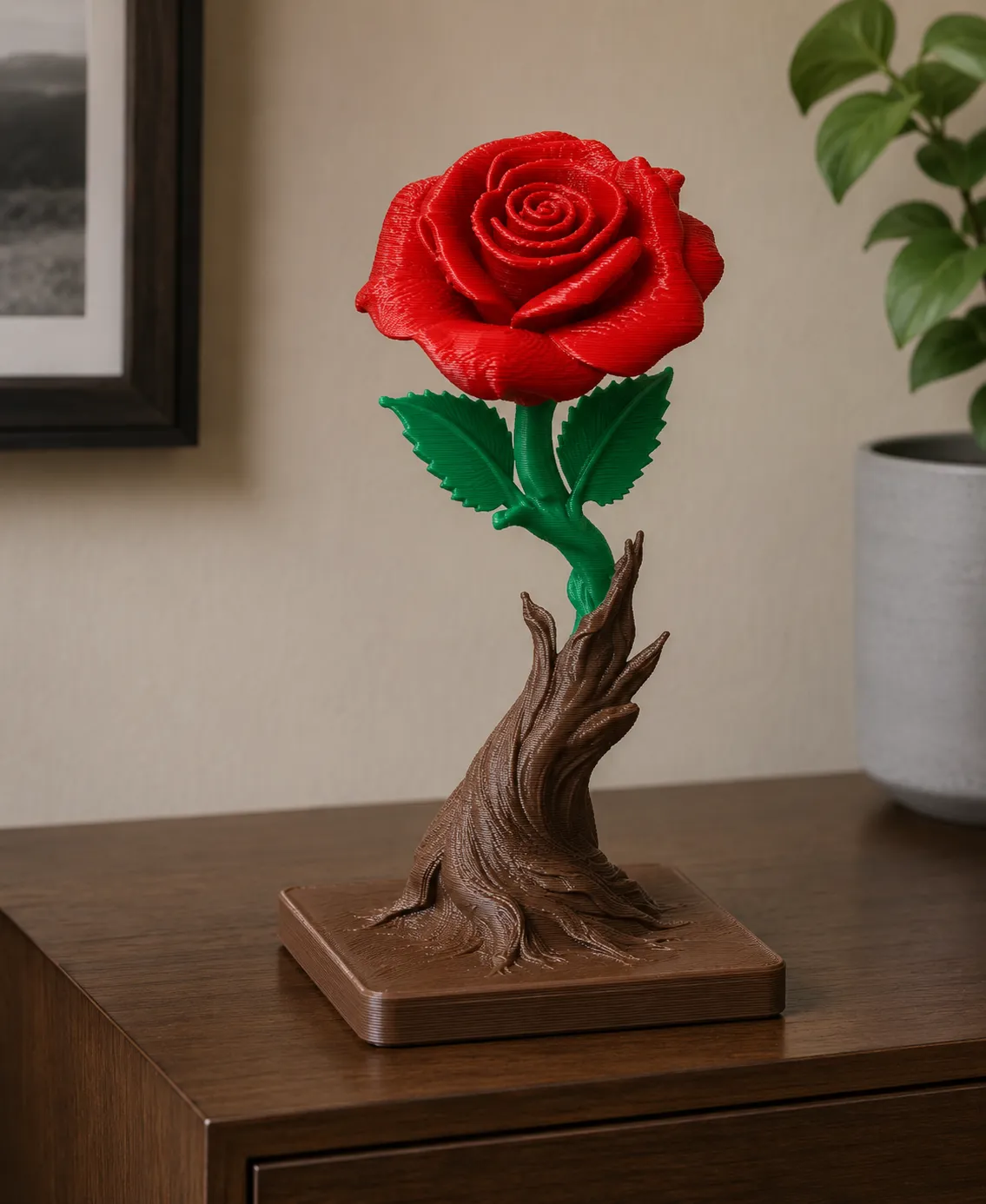 Rosa rossa stampata in 3D su base radici di legno