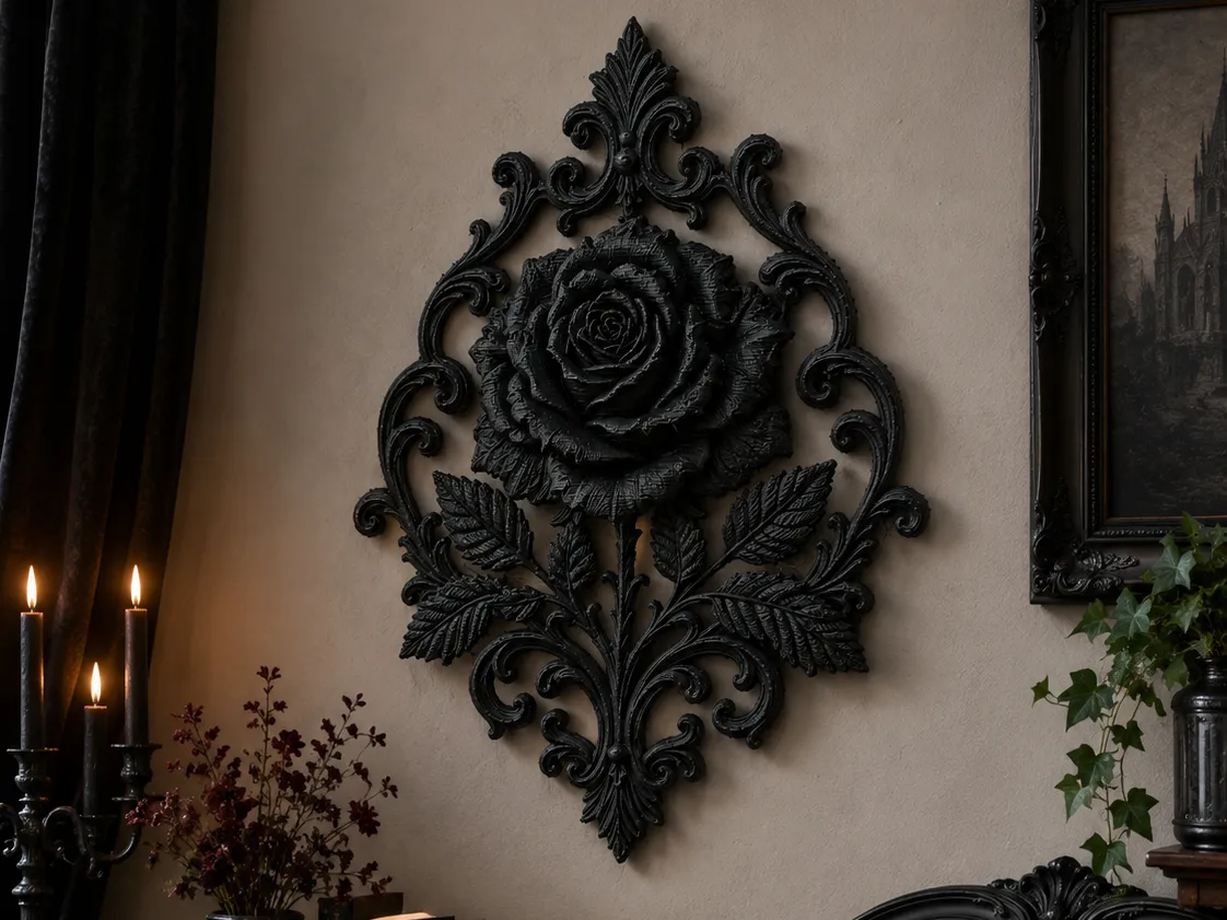 Pannello decorativo gothic rosa nera stampato in 3D