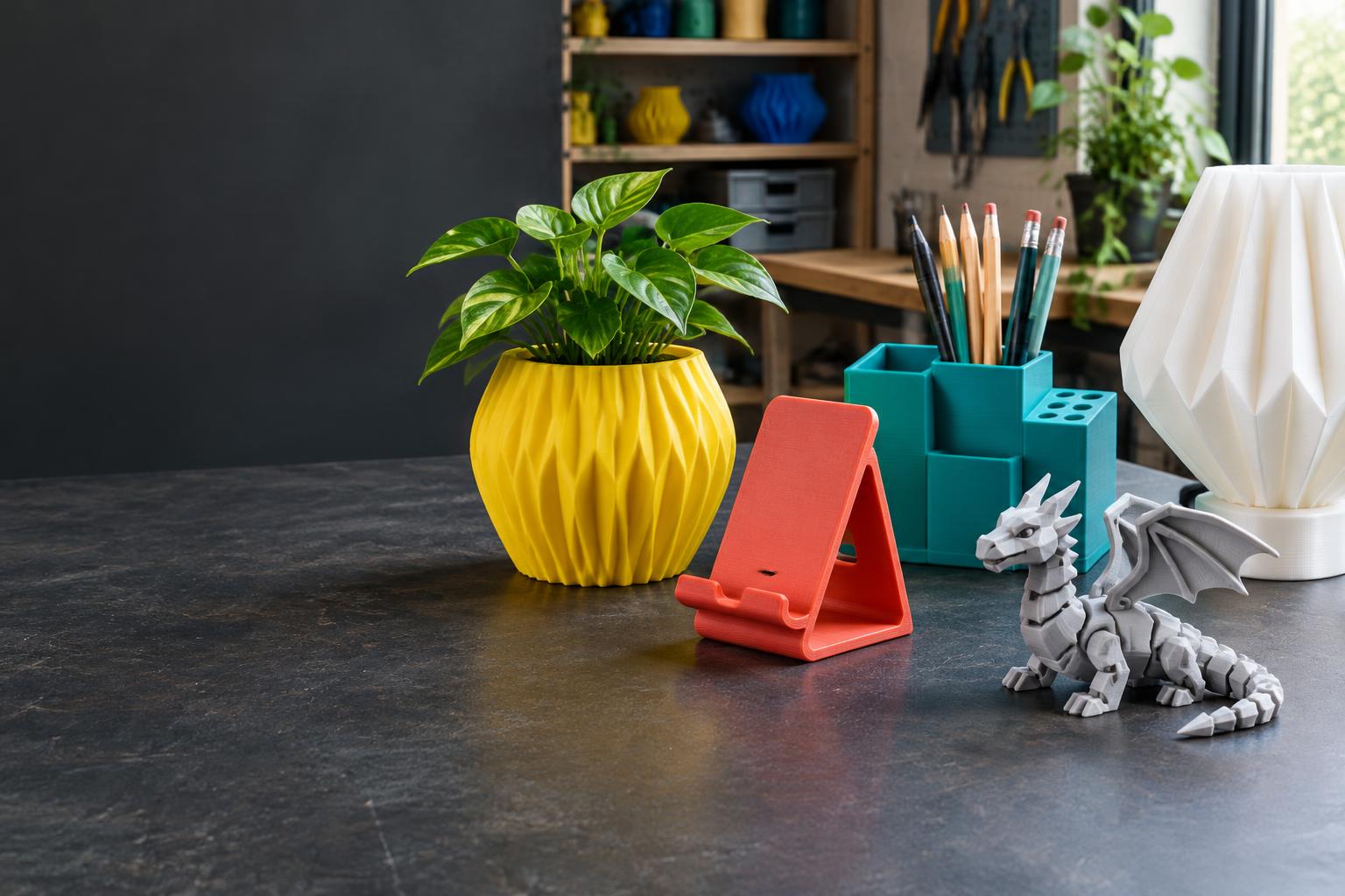 Esempi illustrativi di oggetti stampabili in 3D: vaso, portamatite, supporto e modellino